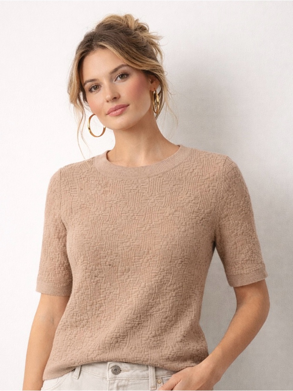 Pink Tartan Textured Knit Sweater | Beige Gold Crew Neck | Elevated Basic